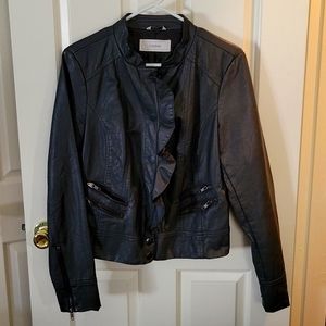 Gray, "pleather" waist length jacket w ruffle details at zipper closure, medium